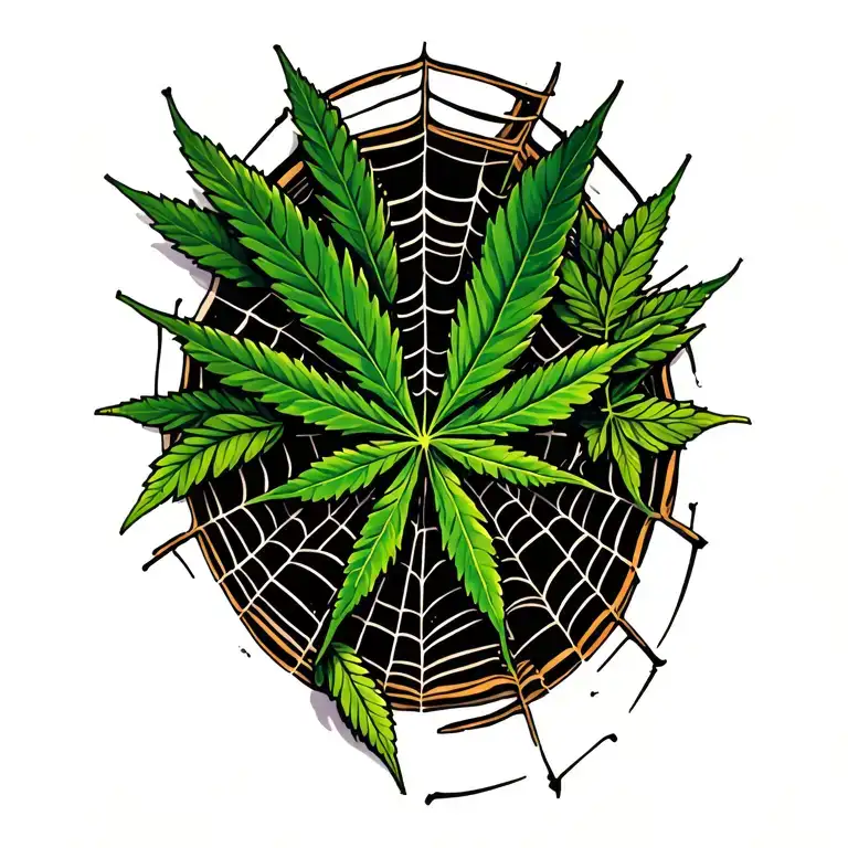 hemp leaf and spider webs surrounding tattoo design idea