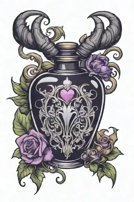 potion bottle with maleficent horns and crystal heart tattoo design idea