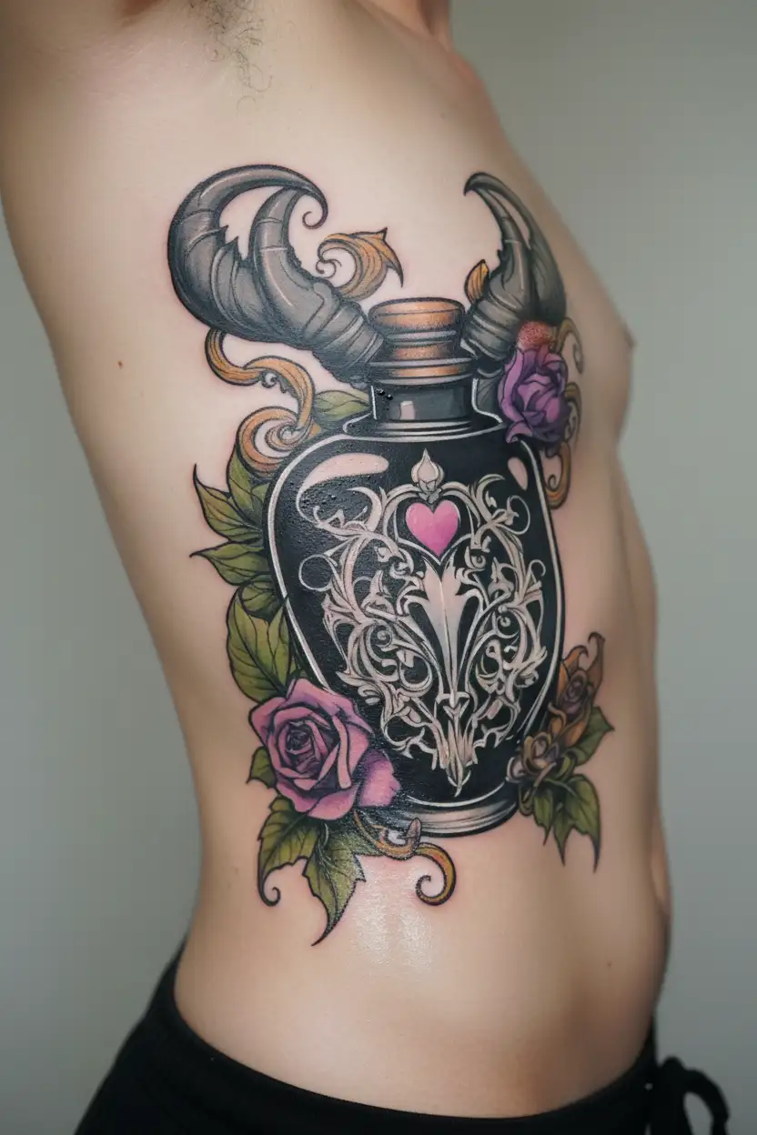 potion bottle with maleficent horns and crystal heart tattoo design idea