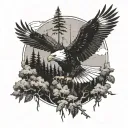 A majestic eagle soaring through a forest, symbolizing freedom and strength tattoo design idea