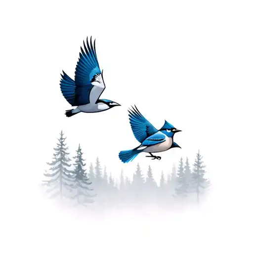 2 blue jays flying together surrounded by pine trees and fog tattoo design idea