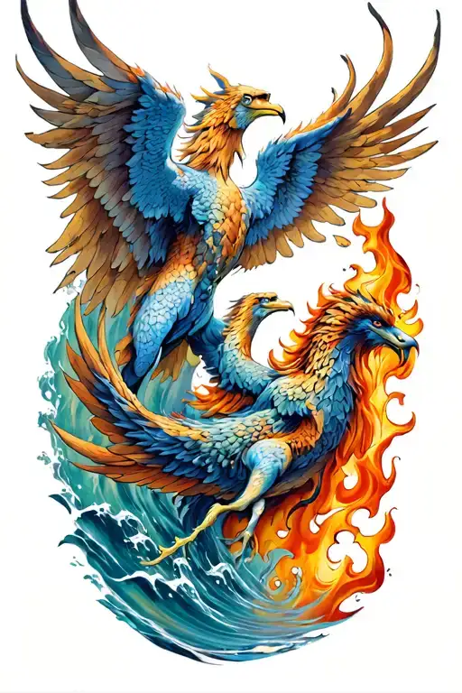 water and fire Phoenix and triton poseidon son tattoo design idea