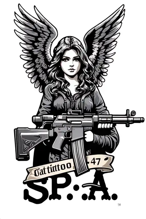 Angel with a machine gun AK 47 and the phrase S.P.A. tattoo design idea