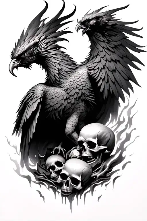realistic angry fiery phoenix emerging from the ashes with skulls tattoo design idea