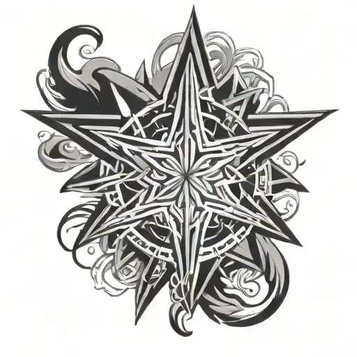 tribal style chaos star tattoo with a woman's kissing lips in the center tattoo design idea