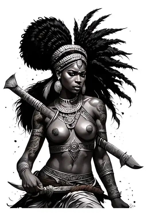 female African warrior battling tattoo design idea