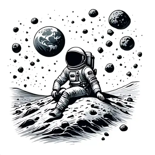 astronaut sitting on the moon, looking into the distance, with a shower of asteroids and the earth in the background  tattoo design idea