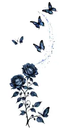 THICK black THORNY ROSE BUSH BRANCHES, THREE ROSES BLOOM with large butterflies soaring around with sparkle trails  tattoo design idea