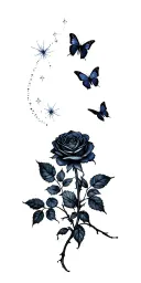THICK black THORNY ROSE BUSH BRANCHES, THREE ROSES BLOOM with large butterflies soaring around with sparkle trails  tattoo design idea