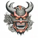 oni mask split in half tattoo design idea