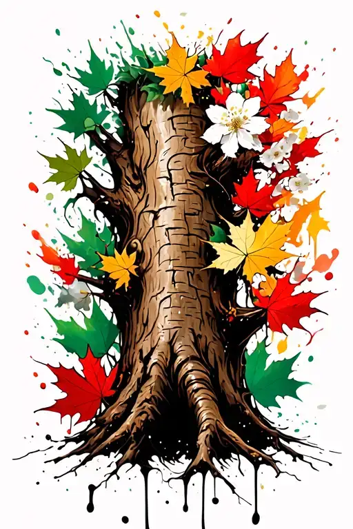 thick tree trunk with many grooves and knots, cherry blossoms, dogwood, green, yellow, and red maple leaves tattoo design idea