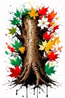 thick tree trunk with many grooves and knots, cherry blossoms, dogwood, green, yellow, and red maple leaves tattoo design idea
