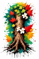 thick tree trunk with many grooves and knots, cherry blossoms, dogwood, green, yellow, and red maple leaves tattoo design idea