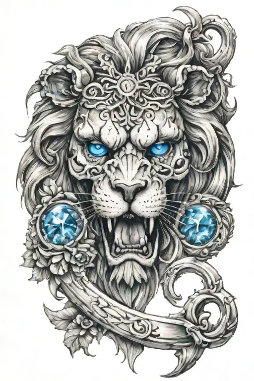 skull, sagittarius, lion, blue eyes tattoo design idea