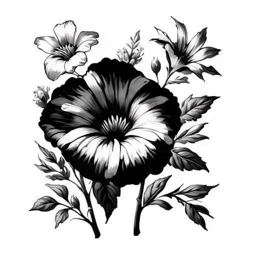Aster and morning glory and primrose and violet flowers  tattoo design idea