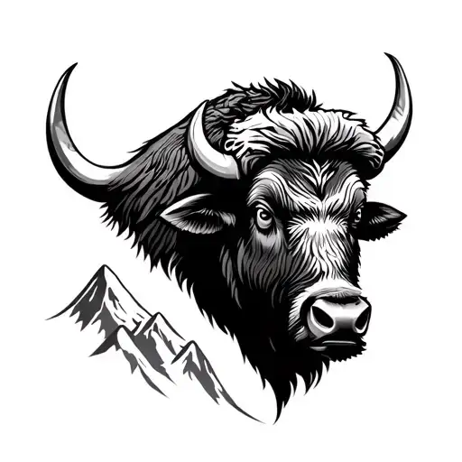 Minimalist black and white tattoo design for the inner left bicep. Features a stylized Himalayan mountain buffalo seen f tattoo design idea