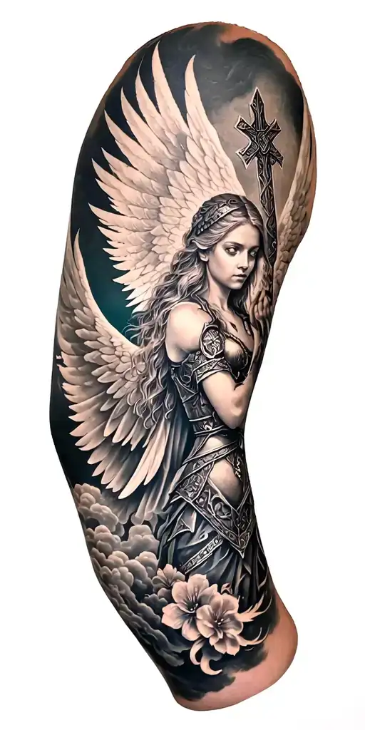 Meaningful warrior angel, Norse Valkyrie, clouds, rays, floral patterns, Norse cross tattoo design idea