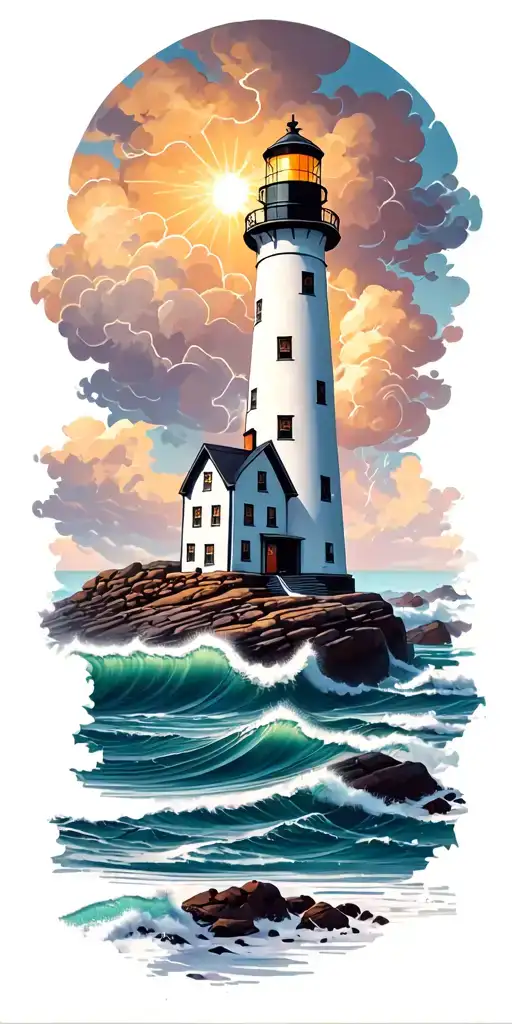 lighthouse on rocks with waves and a storm clouds tattoo design idea