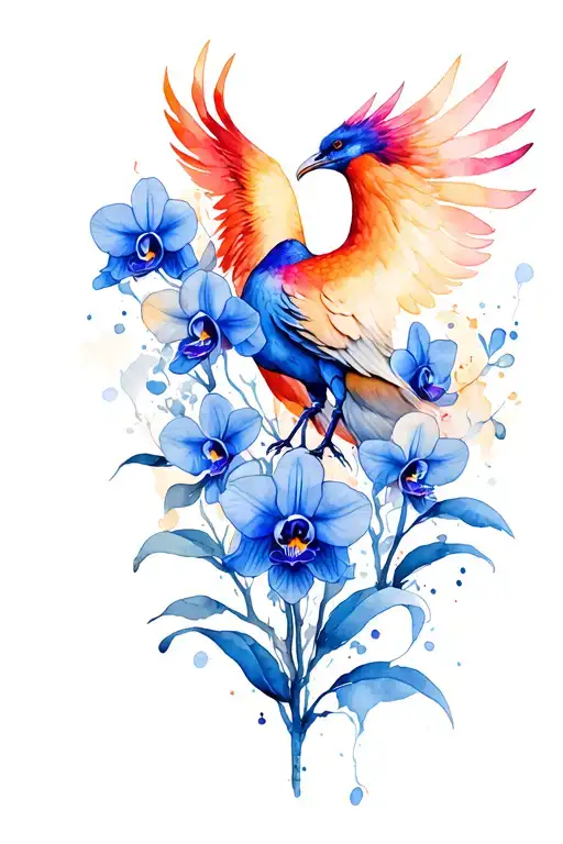 line phoenix and blue orchids  tattoo design idea