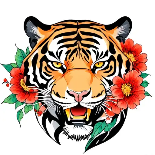 tiger head and japanese flowers tattoo design idea