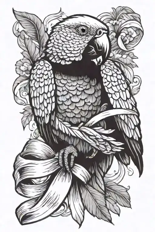 parrot holding a white cancer ribbon with its feet  tattoo design idea