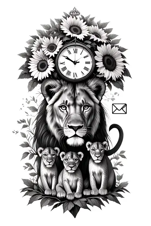 Queen lioness with 3 cubs under family tree with a time clock and sunflowers and envelope  tattoo design idea