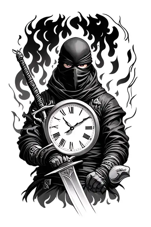 ninja in masked with flamed sword time clock tattoo design idea