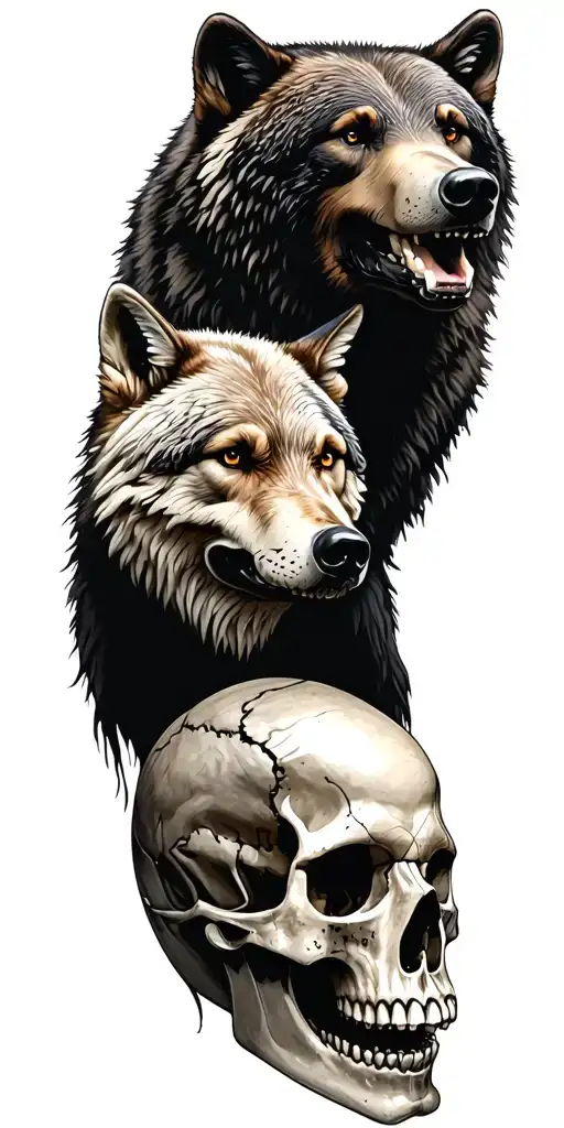 wolf, bear, skull, with moutain range tattoo design idea