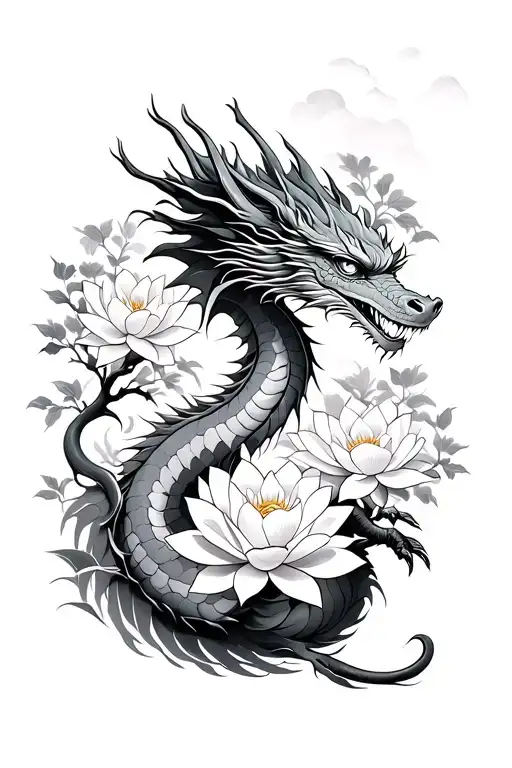 full Dragons with cherry blossom trees and lotus flowers tattoo design idea