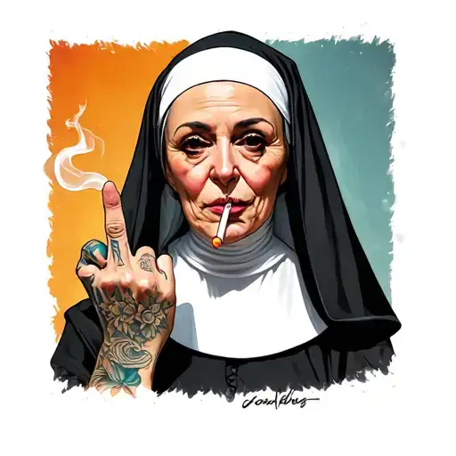 a nun with tattoos smoking a joint while giving a middle finger tattoo design idea