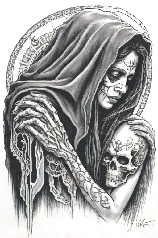 a girl with long hair comforting a large cloaked grim reaper tattoo design idea