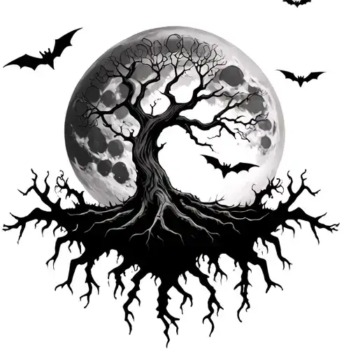 poison tree with spider as roots and bats around and full moon tattoo design idea