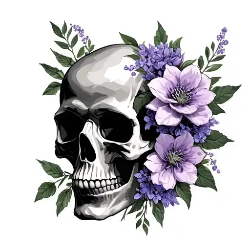 skull and lilac flowers hand tattoo design idea