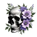 skull and lilac flowers hand tattoo design idea