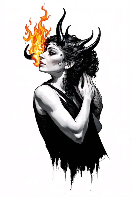 a side profile of a devil woman with fire  burning from her  eyes looking up with a man's hand holding her throat  tattoo design idea