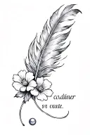 a drawn verse, a feather, a pearl and a flower all intertwined tattoo design idea