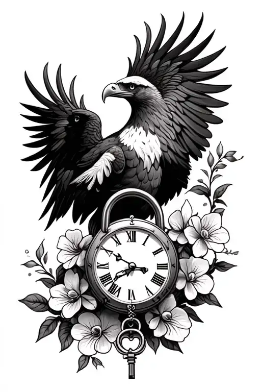 I want to incorporate an eagle, orchid vine, clock or hourglass with a lock and key to resemble the protection of my two tattoo design idea
