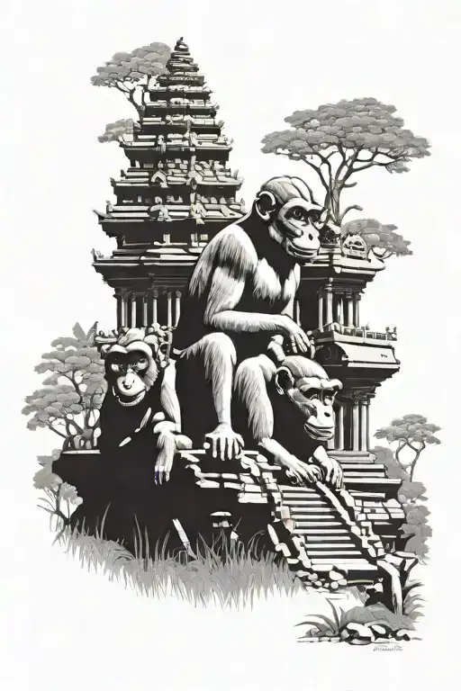 Monkeys, Angkor wat temple tattoo design idea