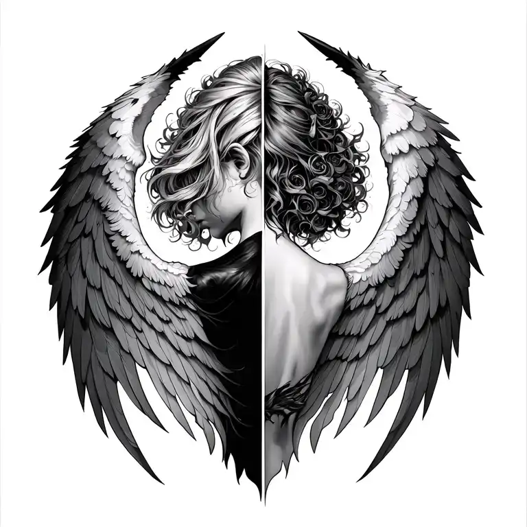 half angel half demon wings on the back tattoo design idea