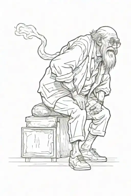 Old man, hunched back, looks back, laughs mischievously tattoo design idea