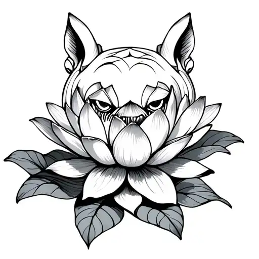 fu dog and lotus flower blooming tattoo design idea