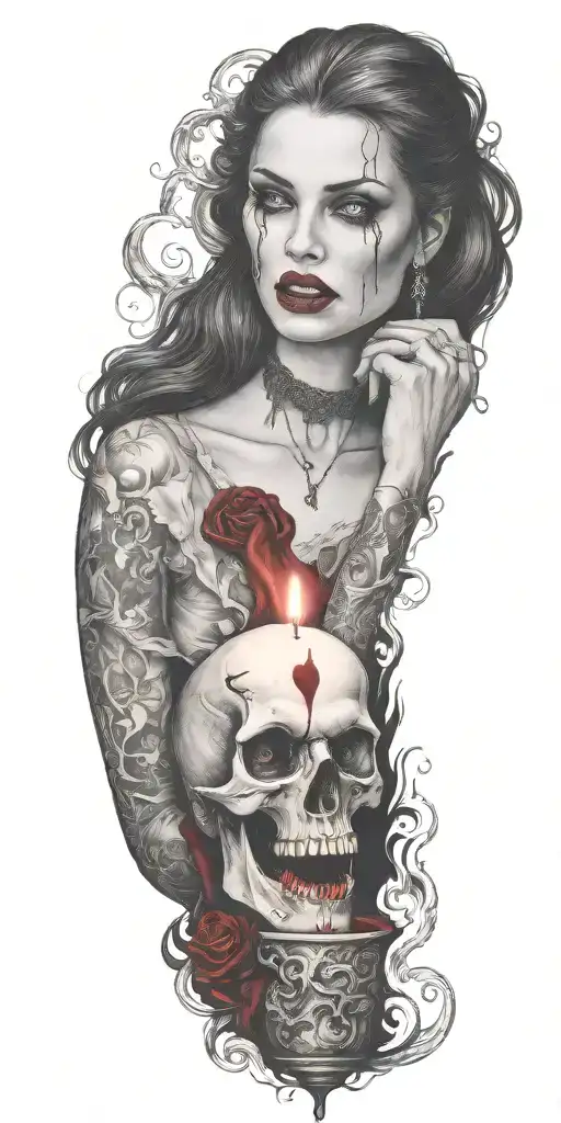 vampire blood women candle burning tattoo design idea