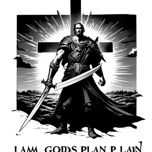 "I AM GODS PLAN" "I AM GODS PLAN" warior wielding his sword standing in front of a cross at sunset tattoo design idea