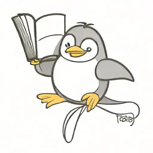 cartoon penguin holding a book named flying for dumbies upside down tattoo design idea