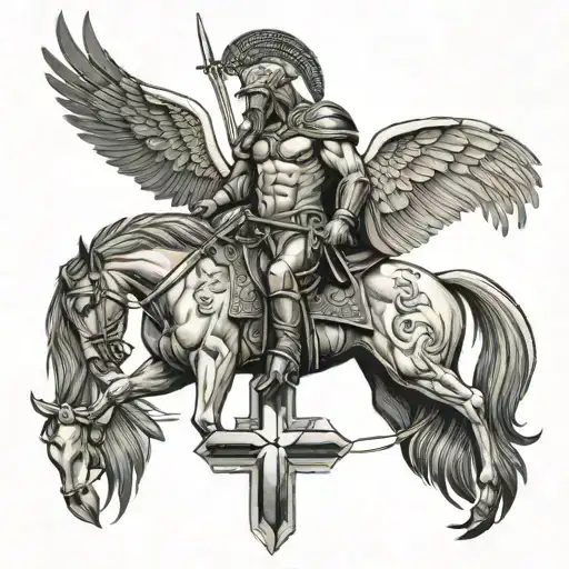 manly horse and spartan and eagle in heaven with cross tattoo design idea