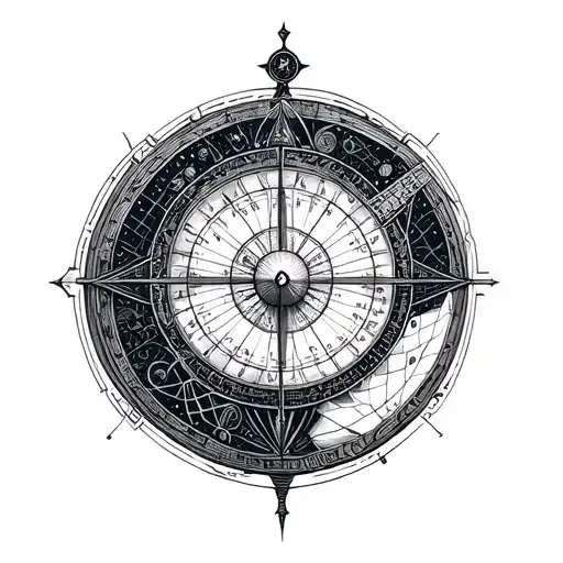 A fine-line astrolabe sits at the center of the design, intricately detailed with geometric precision, symbolizing guida tattoo design idea