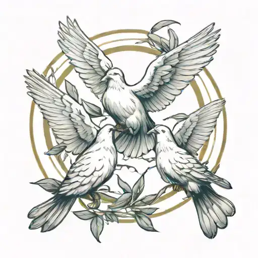 three doves flying around in circle with wings open and each carrying a olive leaf tattoo design idea