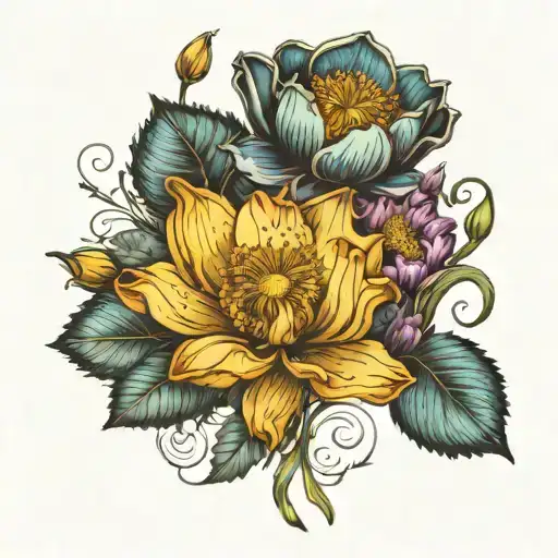  Poppy flower, primrose flower, water lily flower, and marigold flower surrounding a cursive H tattoo design idea