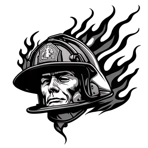 firefighter helmet front and center, with bold black & grey flames + smoke wrapping around your forearm. tattoo design idea