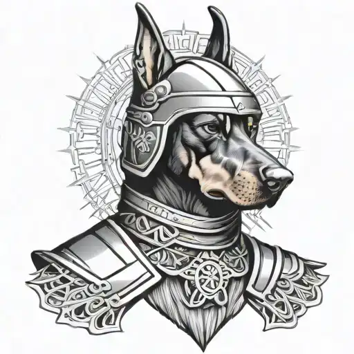 Doberman Samurai head with helmet tattoo design idea